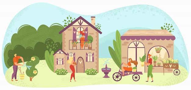 Vector garden care people gardening, growing and caring for plants and flowers near houses, gardeners   illustration.