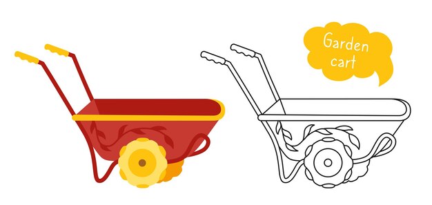 Vector garden cart cartoon set black line icon wheelbarrow tool