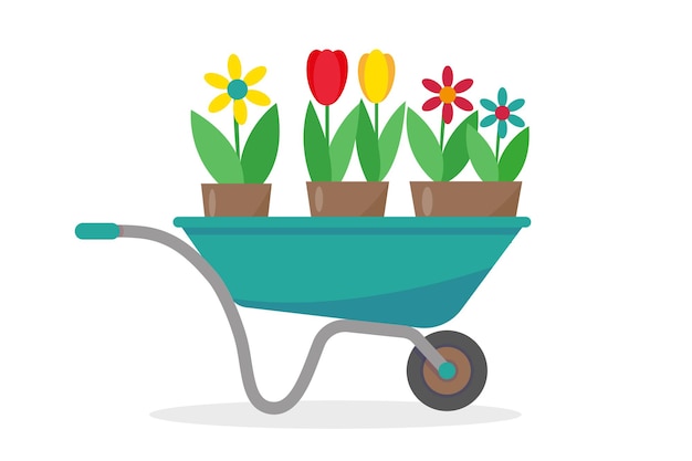 Garden cart with flowers in pots