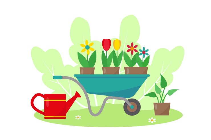 Vector garden cart with flowers and watering can