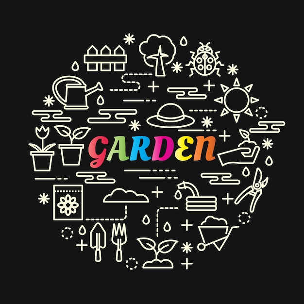 Vector garden colorful gradient with line icons set