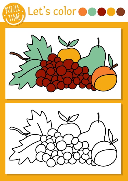 果物を持つ子供のための庭のぬりえページ収穫のベクトル秋の概要図着色された例を持つ子供のためのカラーブック描画スキル印刷可能なワークシートxa