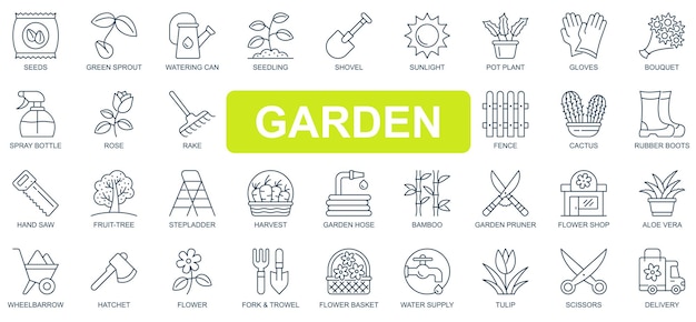 Vector garden concept simple line icons set bundle of green sprout watering can seedling shovel