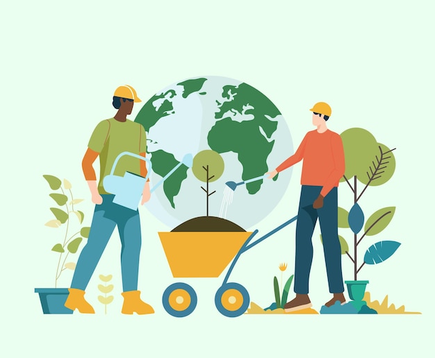 a garden contractor working in the garden flat vector illustration