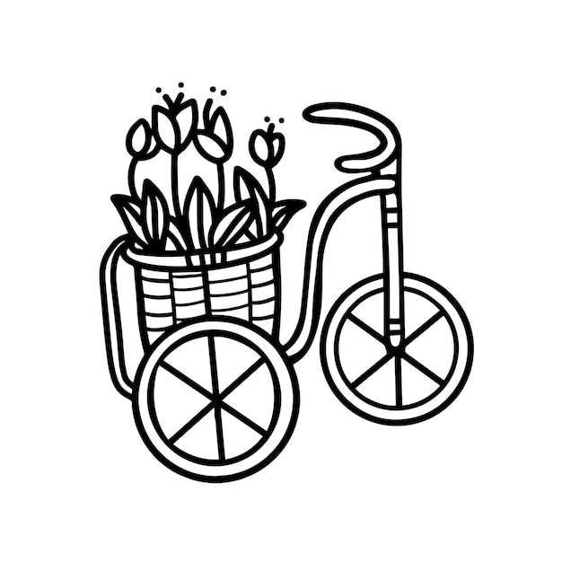 Garden decorative Bicycle flowerbed in the form of a flower bed Tulips in a flower bedBicycle with flowers Vector illustration in Doodle style