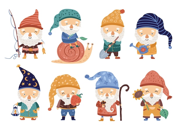 Vector garden dwarfs cartoon gnome tiny forest elf cute fairy tale characters funny magic men elves leprechaun with lantern and flower neoteric vector set