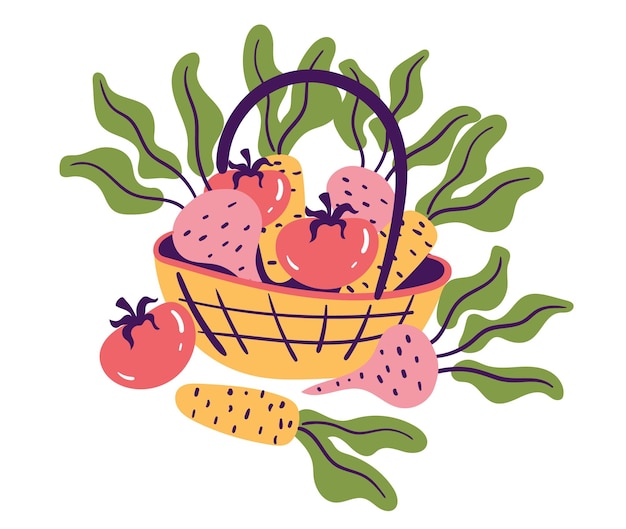 Garden farm basket with vegetable harvest abstract concept graphic design element illustration
