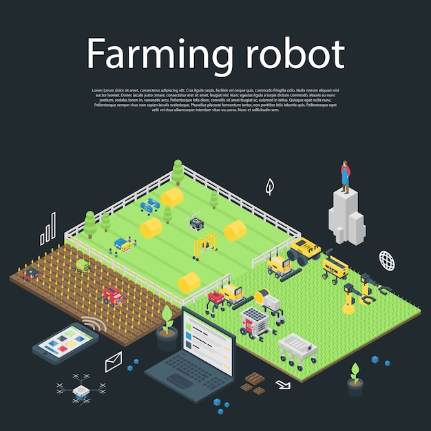 Vector garden farming robot concept banner, isometric style