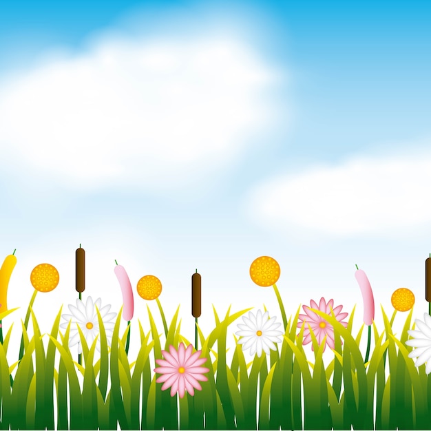 Vector garden flowers and grass field