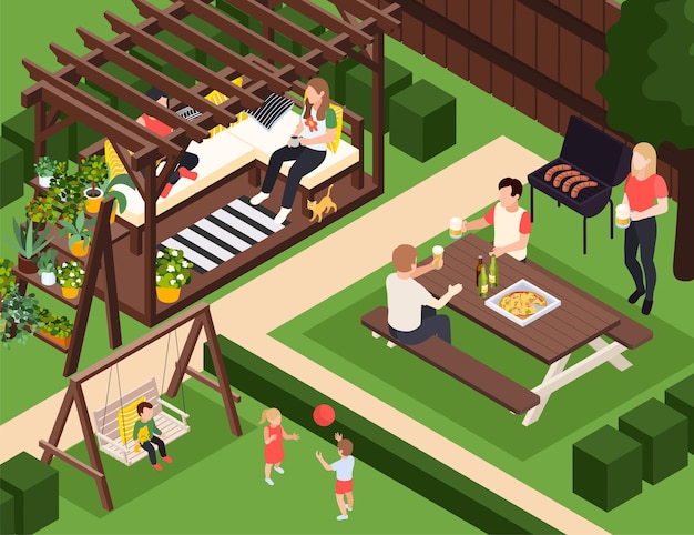 Vector garden furniture isometric composition with view of backyard with summerhouse barbecue table and kids on swing vector illustration