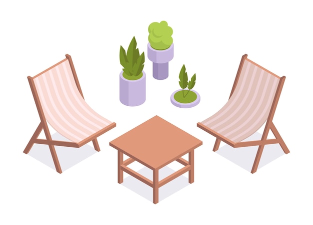 ベクトル ガーデン家具セット等尺性の椅子とコーヒー テーブルの快適な裏庭またはテラス家具 3 d ベクトル イラスト
