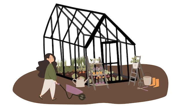 Vector garden and gardening a girl with a wheelbarrow greenhouse and garden equipment