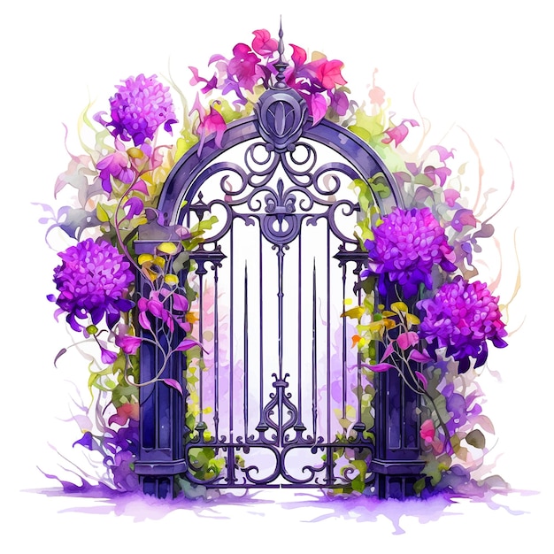 Vector garden gate surrounded by flowers watercolor paint