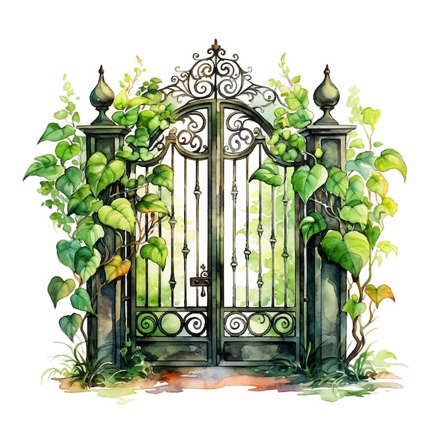 Vector garden gate surrounded by leaves watercolor paint