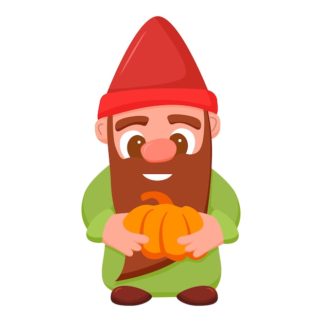 Garden gnome in autumn holding pumpkin.