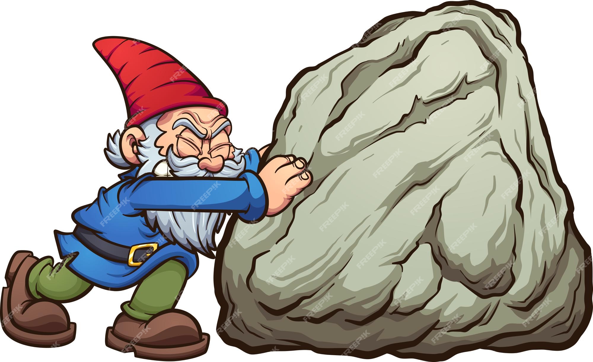 Premium Vector | Garden gnome pushing a big rock Premium Vector | Garden gnome pushing a big rock