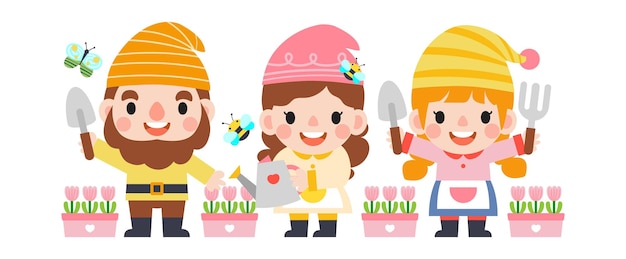 Vector garden gnome and woman cartoon gardening and spring garden tools and decor collection