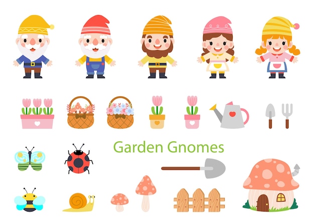 Vector garden gnome and woman cartoon gardening and spring garden tools and decor collection