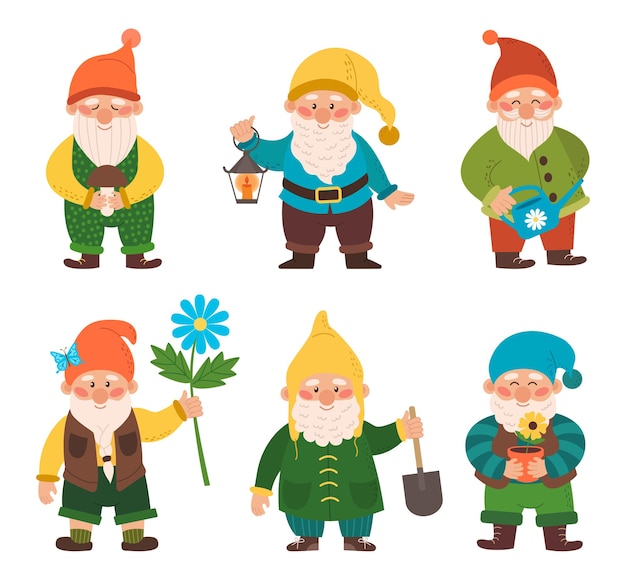 Vector garden gnomes cute gnomes with lantern watering can shovel mushrooms and flowers