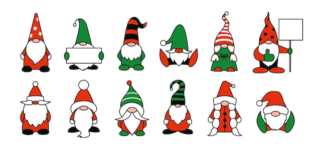 Garden gnomes or dwarfs cartoon isolated illustrations in red and green colors