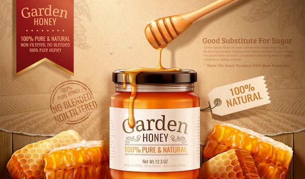Vettore miele di giardino con mestolo e orticaria