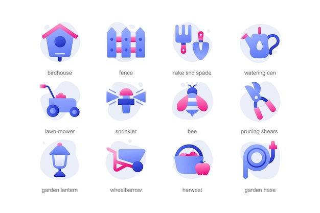 Garden icons in a flat cartoon design with blue colors. Attributes of gardening, which are depicted on a white background, emphasize the importance of this work. Vector illustration.