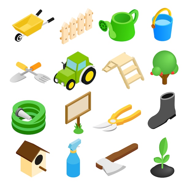 Garden isometric 3d icons set isolated on white background