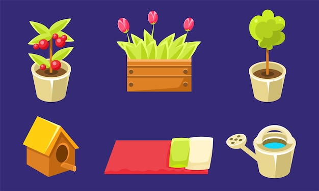 Vector garden landscape design elements set tulips in wooden box plants in flower pots chair doghouse watering can vector illustration in flat style