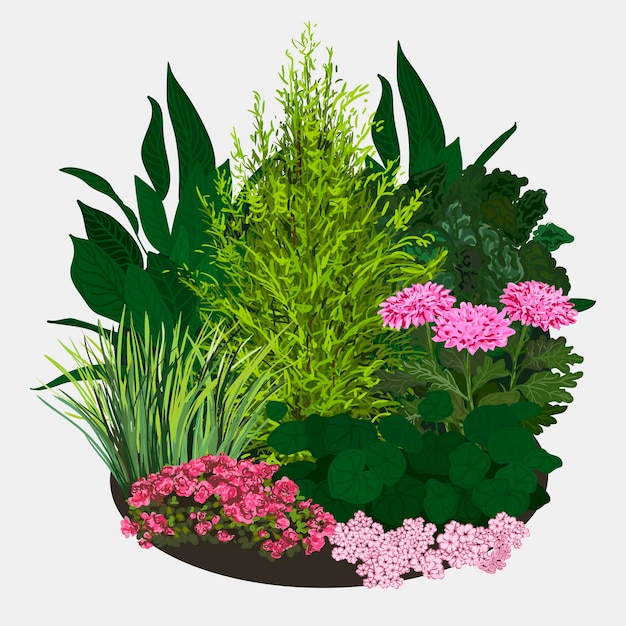 Vector garden landscapes summer and spring flower bed vector flat illustrations