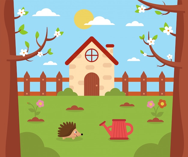 Garden and nature in spring. Cartoon house outdoors.