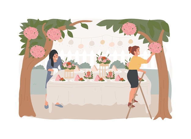 Garden party decoration isolated concept vector illustration outdoor party ideas floral table