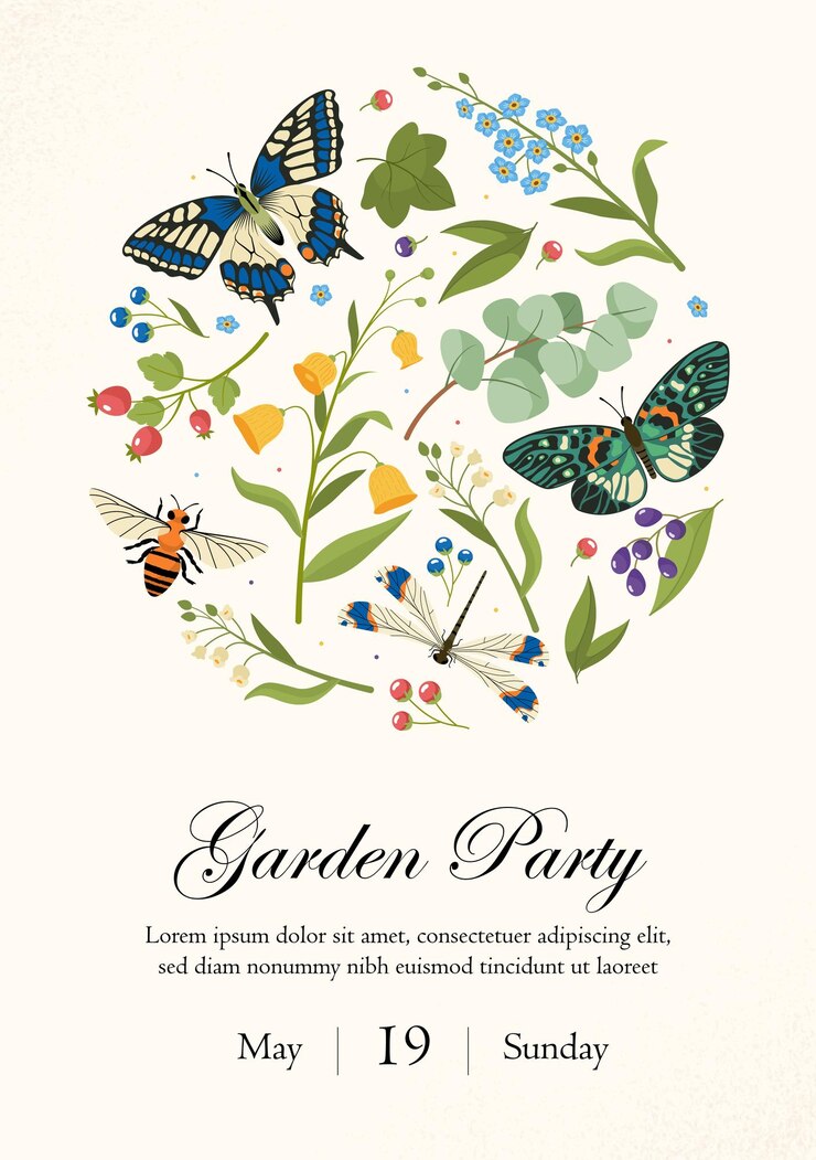 Vector garden party poster floral frame for invitation and greeting postcard bloom and blossom plants
