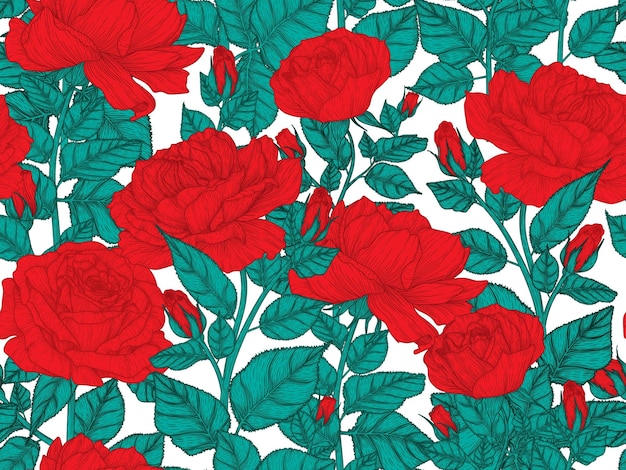 garden pattern of graphic linear red roses in engraving style