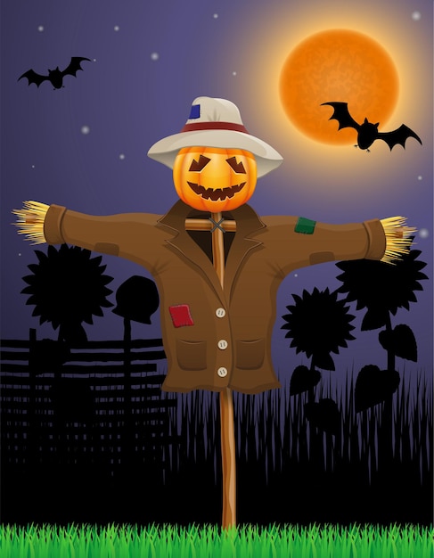 Vettore spaventapasseri da giardino con una testa di zucca per le vacanze halloween illustrazione vettoriale