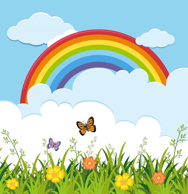 Garden scene with butterflies and rainbow