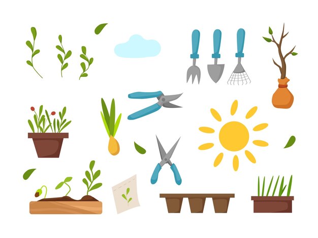 garden set flowers seeds tree inventory ideal for scrapbooking poster tag sticker vector cartoon