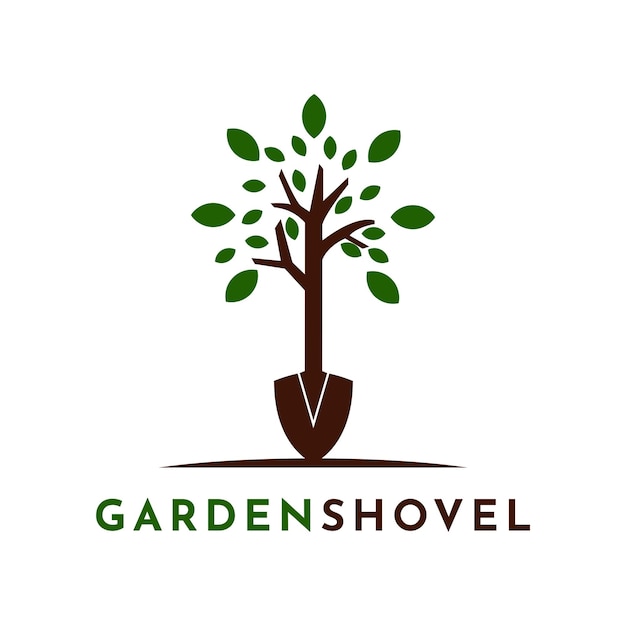 Garden shovel logo design graphic vector illustration with tree concept