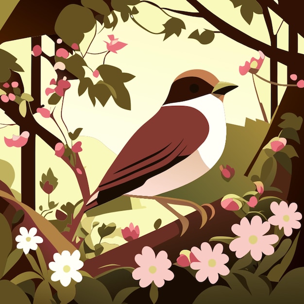 garden sparrow bird spring nature landscape tree village vector illustration