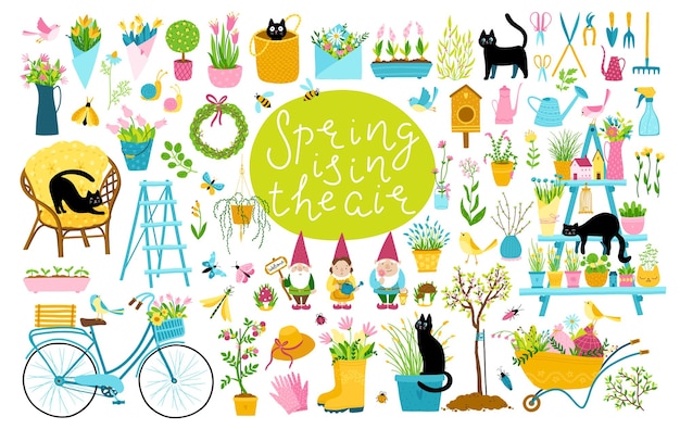 Garden spring set with black cats. A large collection of cartoon elements in a simple childish hand-drawn style.
