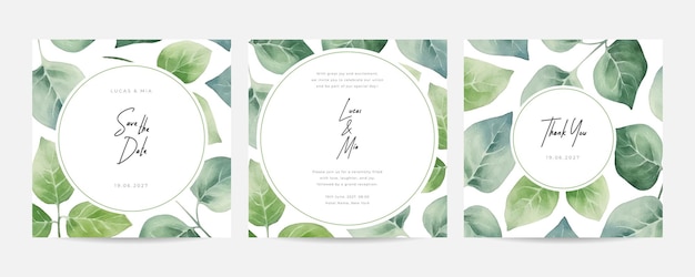 Garden theme wedding card invitation Hand drawn green leaves wedding invitation card template