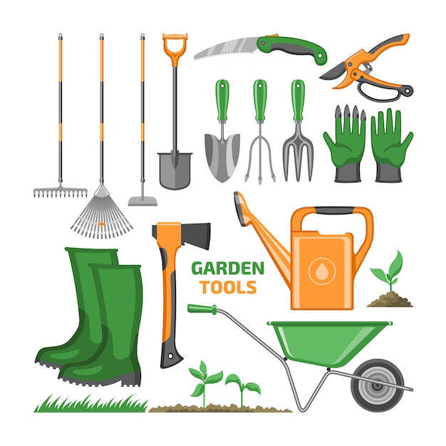 Garden tool gardening equipment rake shovel trowel and watering can of gardenerrmin farm