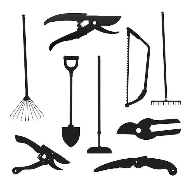 Garden Tools Accessories isolated Vectors Silhouettes