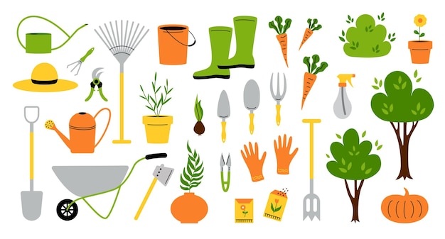 Garden tools. Cartoon instruments and supplies for soil work, shovel gloves rake pruner seeds and plants. Vector garden work isolated set collection gardening toolb on