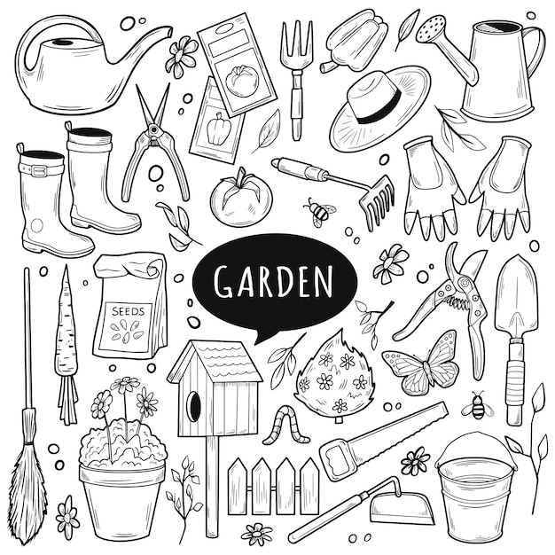 Vector garden tools doodle set outline vector illustration gardening