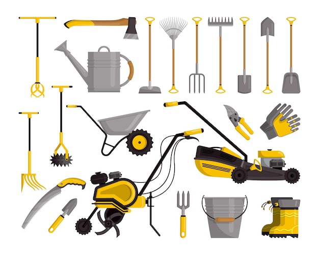 벡터 원예 도구 농업 및 원예용 농기구 격리된 잔디 깎는 기계 삽과 갈퀴 급수 깡통 장갑 및 부츠 농업 인벤토리 벡터 원예 도구 세트