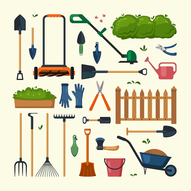 Vector garden tools grass care with industrial items shovel lawn mower rake scissors vector cartoon illustrations set