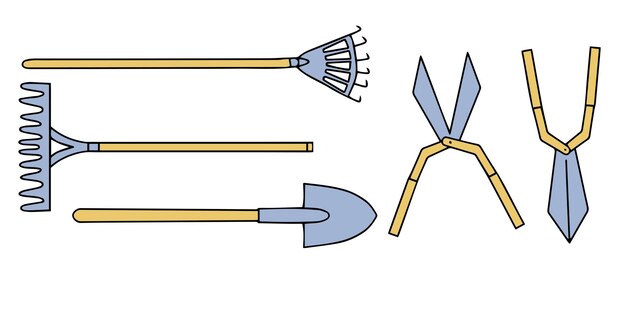 Vettore strumenti da giardino icone lineari e scarabocchi rastrello da giardino forchetta da potatura forbici da taglio baionetta palaarte lineare isolata su bianco illustrazione vettoriale