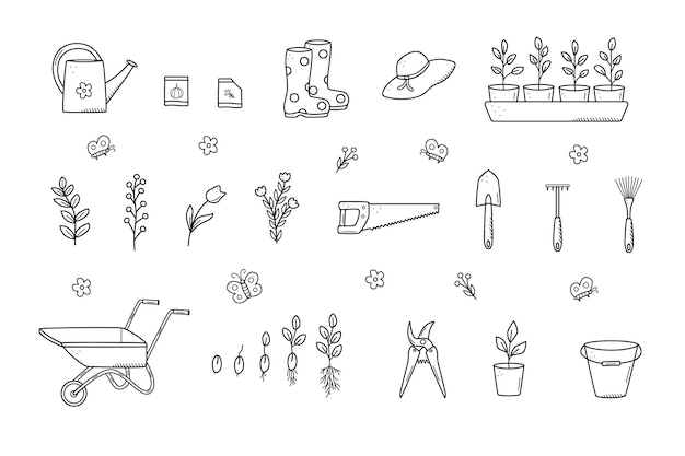 Vector garden tools and plants a set of vector doodle illustrations concept gardening a summer hobby