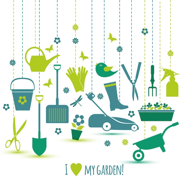 Vector garden tools set. spring illustration of icons.