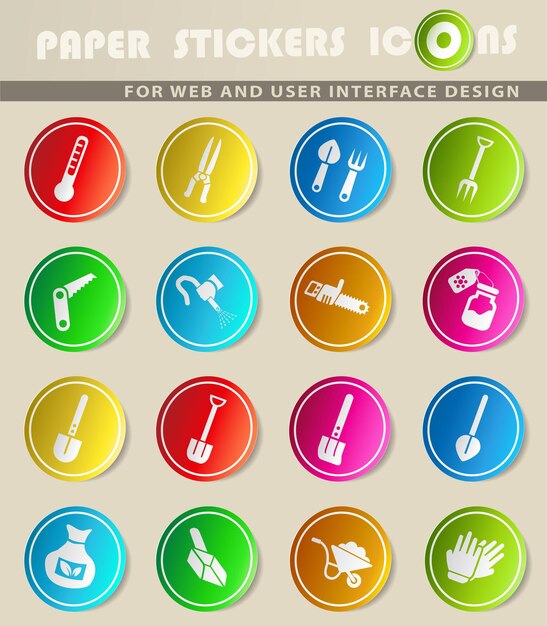 Garden tools vector icons on colored paper stickers